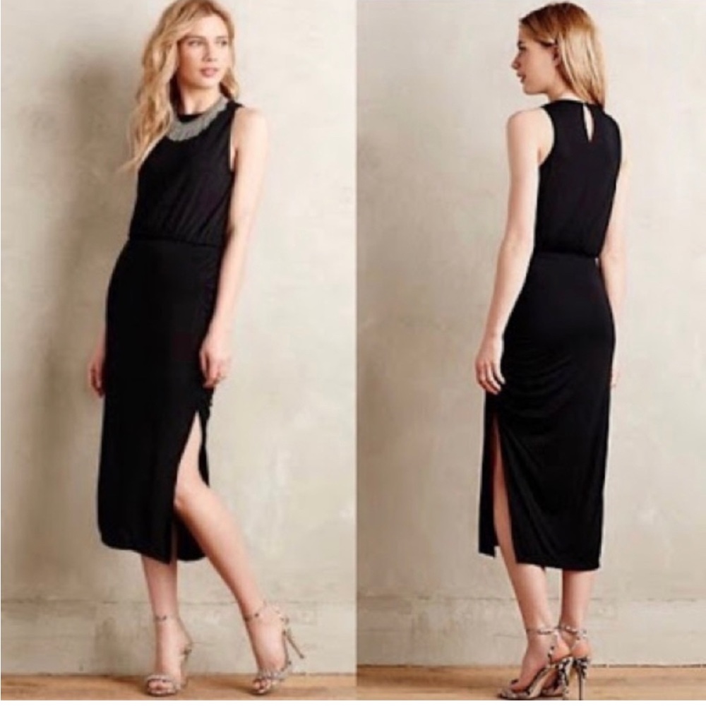 Maeve Black Ruched Side Slit Midi Dress Anthro M